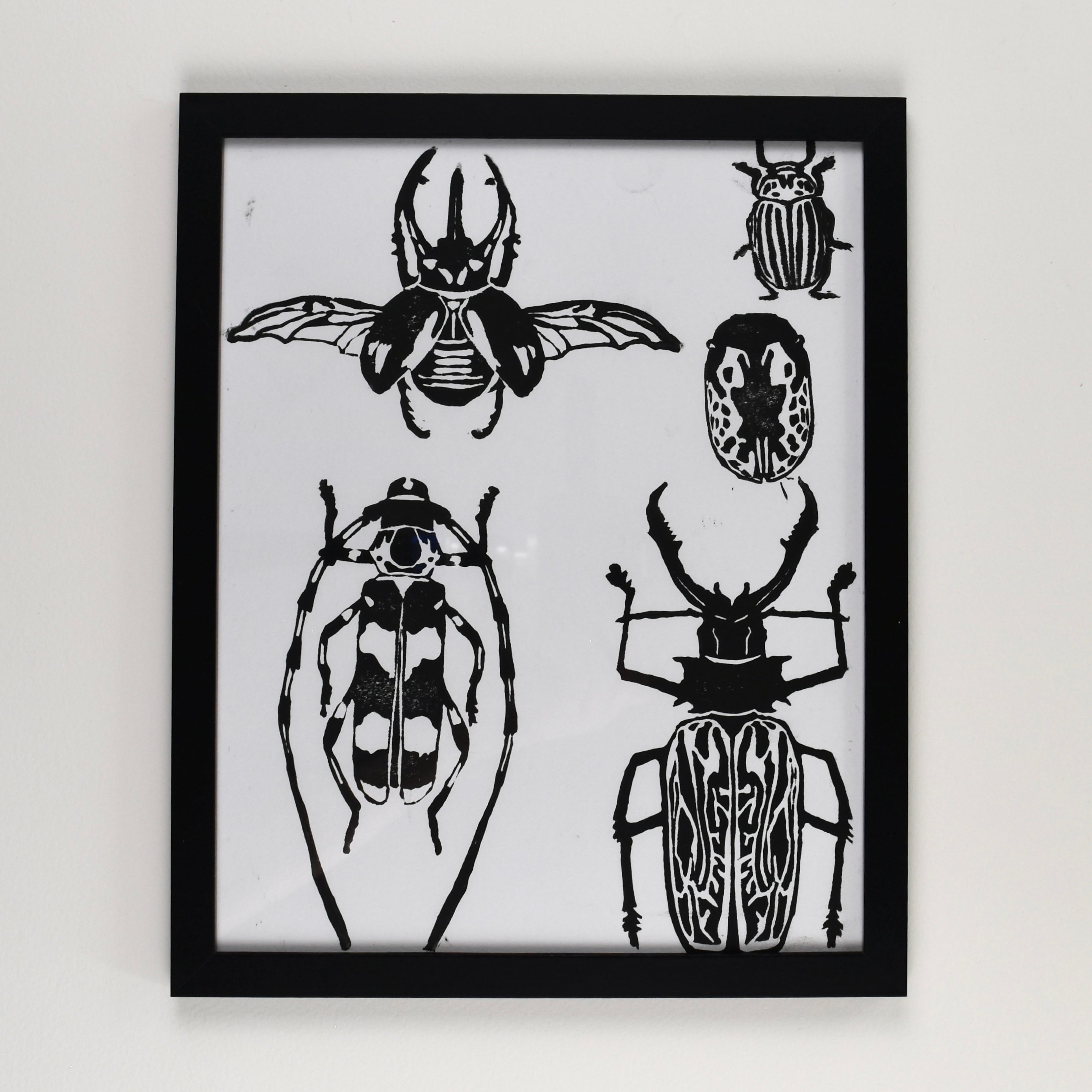Hand-printed black and white linocut art of a compact beetle collection, framed
