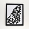 Hand-printed black and white linocut art of a fragmented gulf fritillary wing, framed