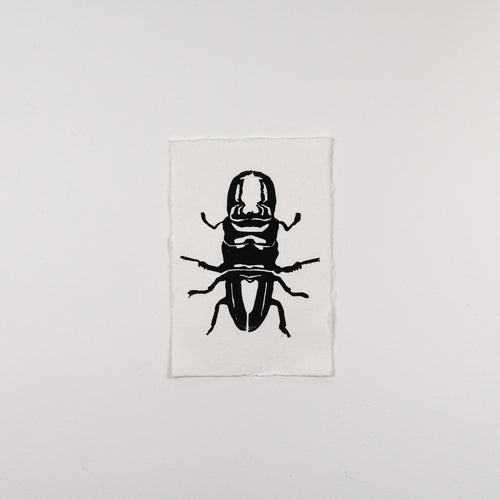 Hand-printed black and white linocut art of a giant stag beetle, unframed