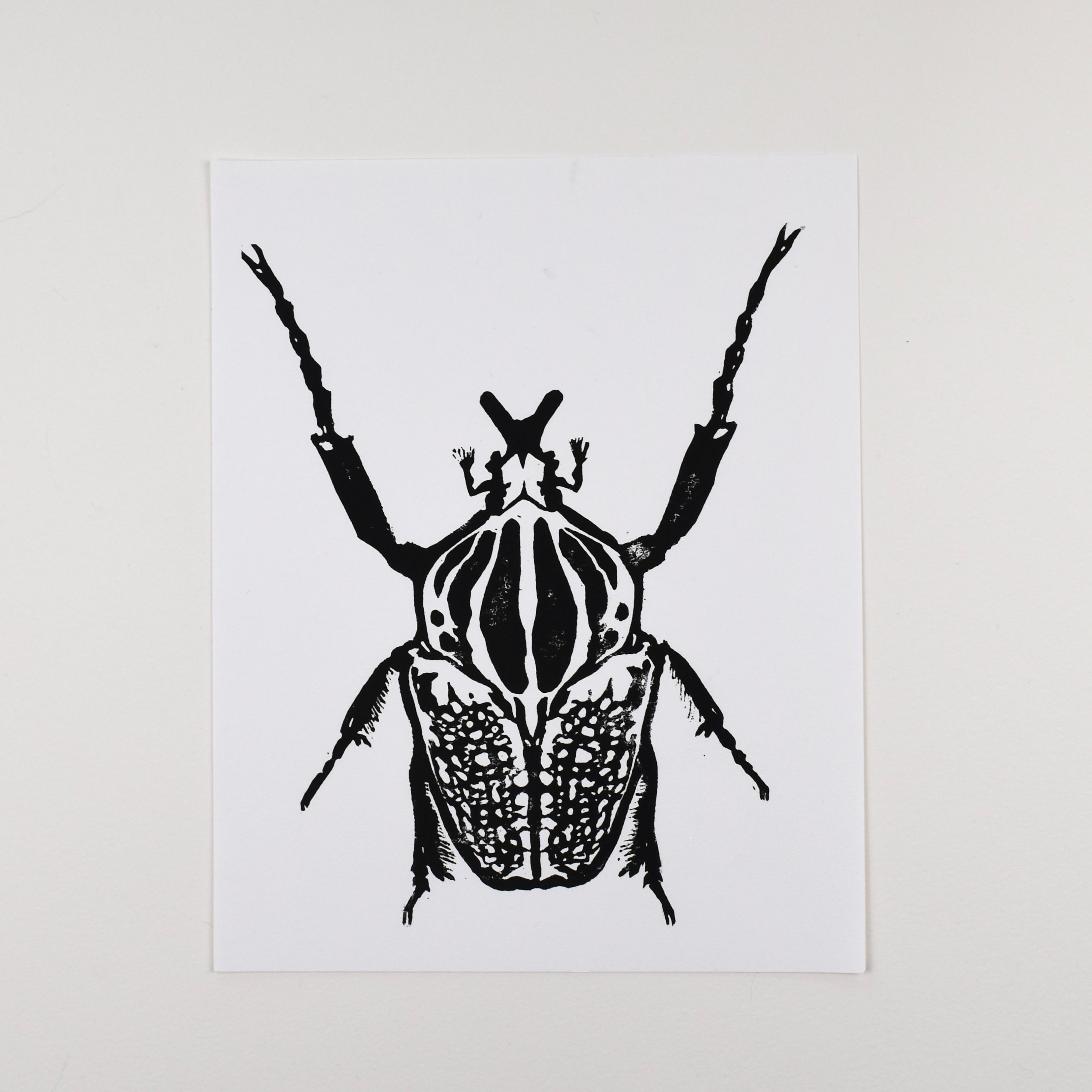 Hand-printed black and white linocut art of a goliath beetle, unframed
